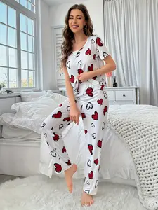 Summer Women's Milk Silk Short Sleeve Long Pants Set, Comfortable Heart Print Casual Home Wear Pajamas, Ladies Sleepwear