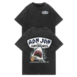 Unisex Ron Jon Surfboards Shark Graphic Washed Tee, 100% Premium Cotton, Oversized Relaxed Fit, Retro Y2K Beach Streetwear Summer Vacation Top