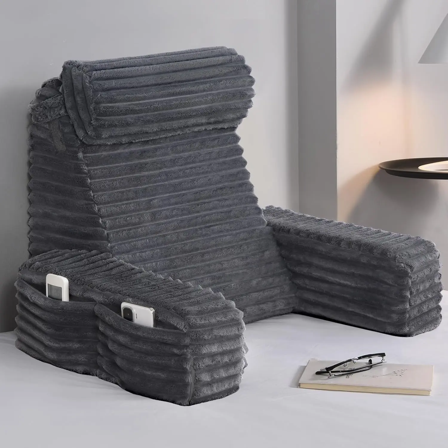 Back Pillow for Bed Sitting Up, Reading Pillow with Armrests & Big Pockets, Soft Back Support Chair, Ideal for Watching TV, Gaming, Nursing, Resting, Post Surgery, Dark Grey