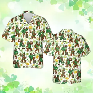 Bigfoot St Patricks Day Hawaiian Shirt, Funny Sasquatch Irish Beer Aloha Shirt, Lucky Shamrock Pot of Gold Men Button Down, Parade Top