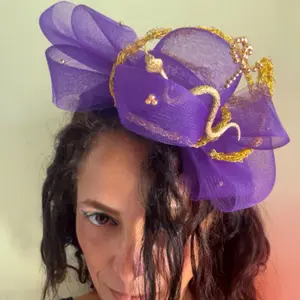 purple and gold fascinator, sustainbly made, one of a kind and  unisex. makes a great gift.