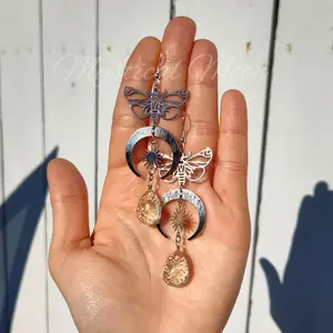 Moth & Moon Boho Celestial Handmade Jewelry with Real Flowers, Whimsical Fairycore Design, Unique Floral Earrings