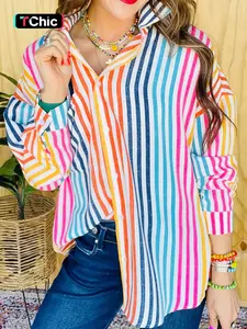 Women's Striped Print Button Front Blouse, Shirts, Casual Chic Fashion Long Sleeve Top for Daily Wear, Everyday, Chic Ladies Clothes for All Seasons, Classy Tops