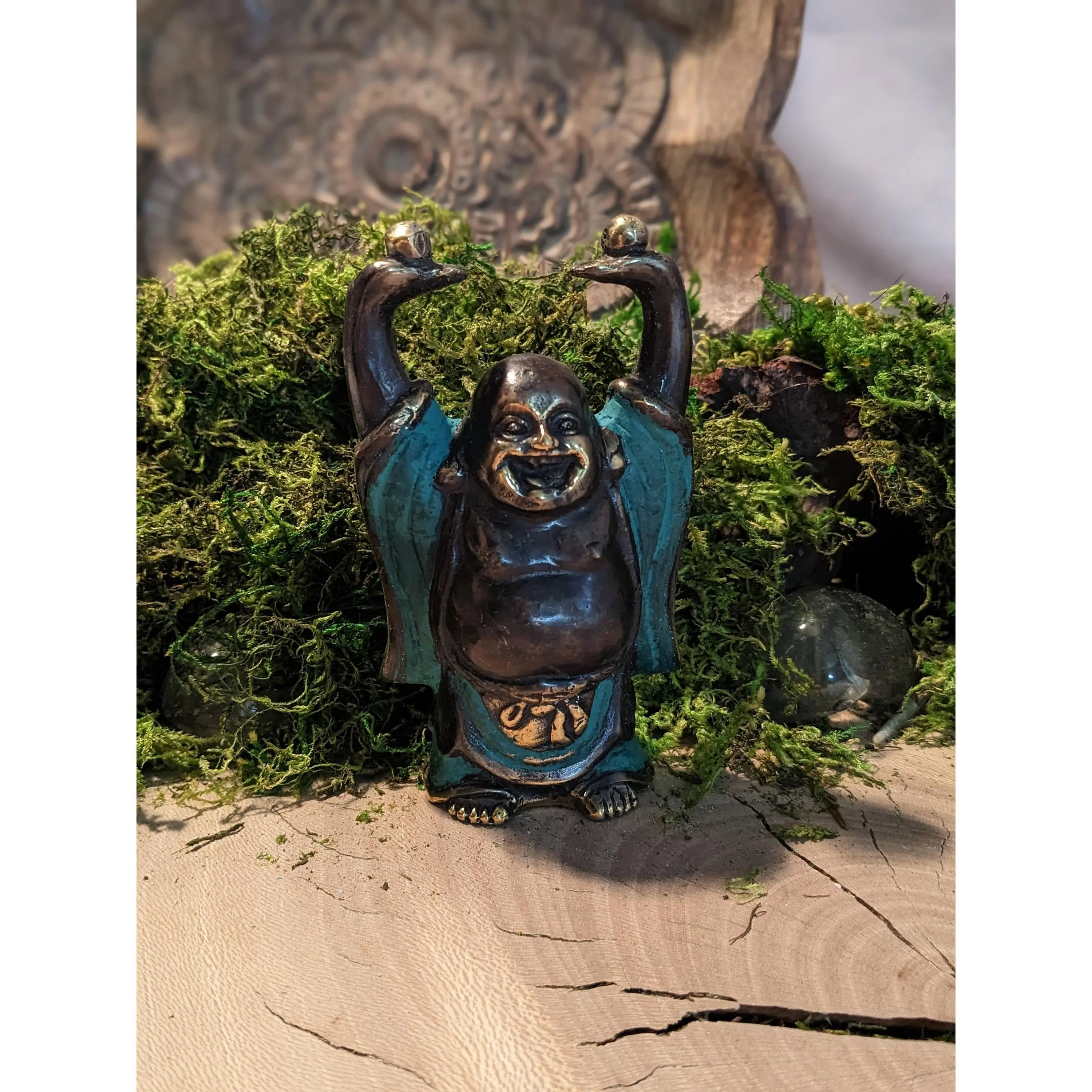 Bronze Laughing Buddha Statue Happy Budai Pu-Tai Maitreya Luck Figurine Golden Statue Divine Altar Diety Figure Belly Good Luck Wealth