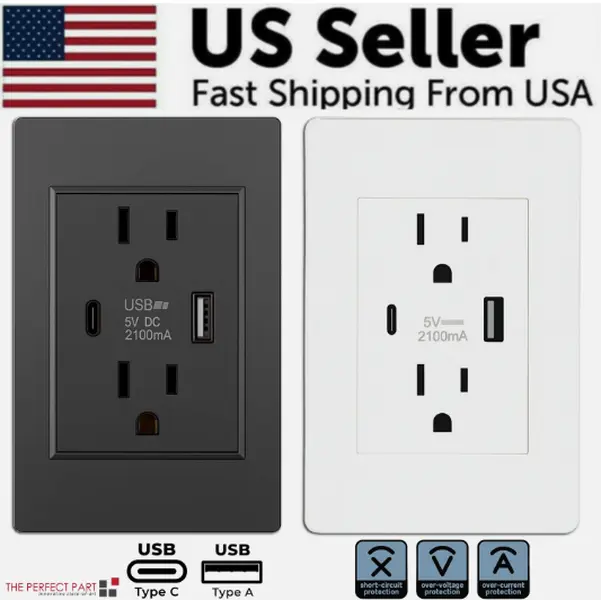 Dual Wall Socket with 2 Outlets, USB Slots & 15A 120V AC Power Receptacle Plate Panel, USB Charger for Phones/Tablets, Two Outlets