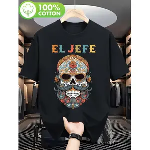 El Jefe Men's Black Cotton T-Shirt - Mexican Sugar Skull & Sombrero Graphic, Loose Fit Casual Tee with Spanish Text, Breathable 100% Cotton for Dia de los Muertos, Themed Parties & Casual Attire, Machine Washable, Vibrant Mexican