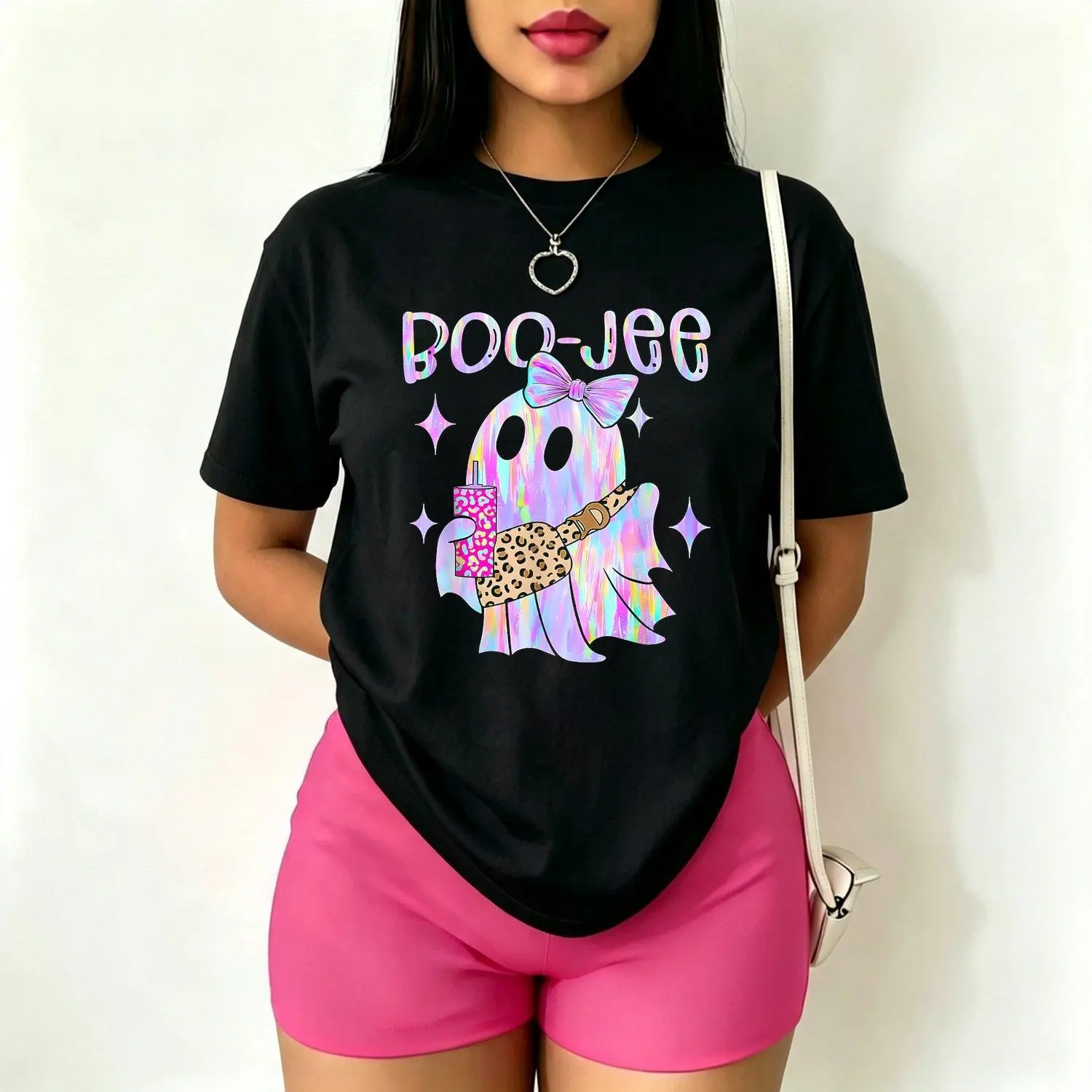 Women's Halloween Theme Round Neck Short-Sleeve T-Shirt - Cute Ghost Print, Relaxed Fit, Summer Casual Trendy Women's Clothes