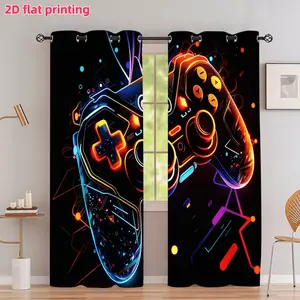 2D Flat 2Pcs Game Controller Neon Glow Printed Curtain Panels, Cyberpunk Style Cool Gaming Room Decor, With Grommet Top Design, Semi Sunshade, Suitable For Home Living Bedroom Study Window Decoration, Anti Privacy.