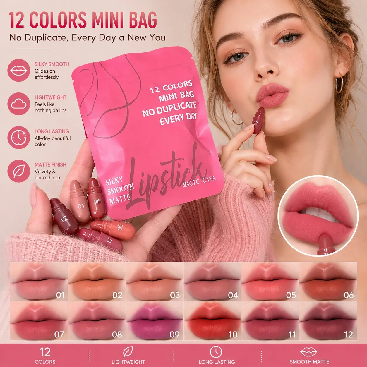 12 Colors Capsule Mini Matte Lipstick Set, Non Cup Staining, Portable Travel Gift Box, Daily Makeup for Students & Ladies
