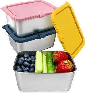 3-Pack Stainless Steel Food Storage Containers with Silicone Lids, 20oz Snack Pack Containers Reusable Metal Bento Lunch Box Large Container for Meal Prep, Picnic, Office, Travel