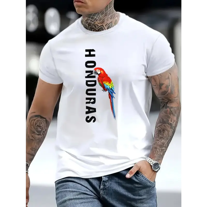 Men's Honduras & Bird Graphic Print 100% Cotton Regular Fit Round Neck Short-Sleeve T-Shirt - Casual Streetwear, Party Menswear Top, Machine Washable All-Season Sports & Outdoor Attire