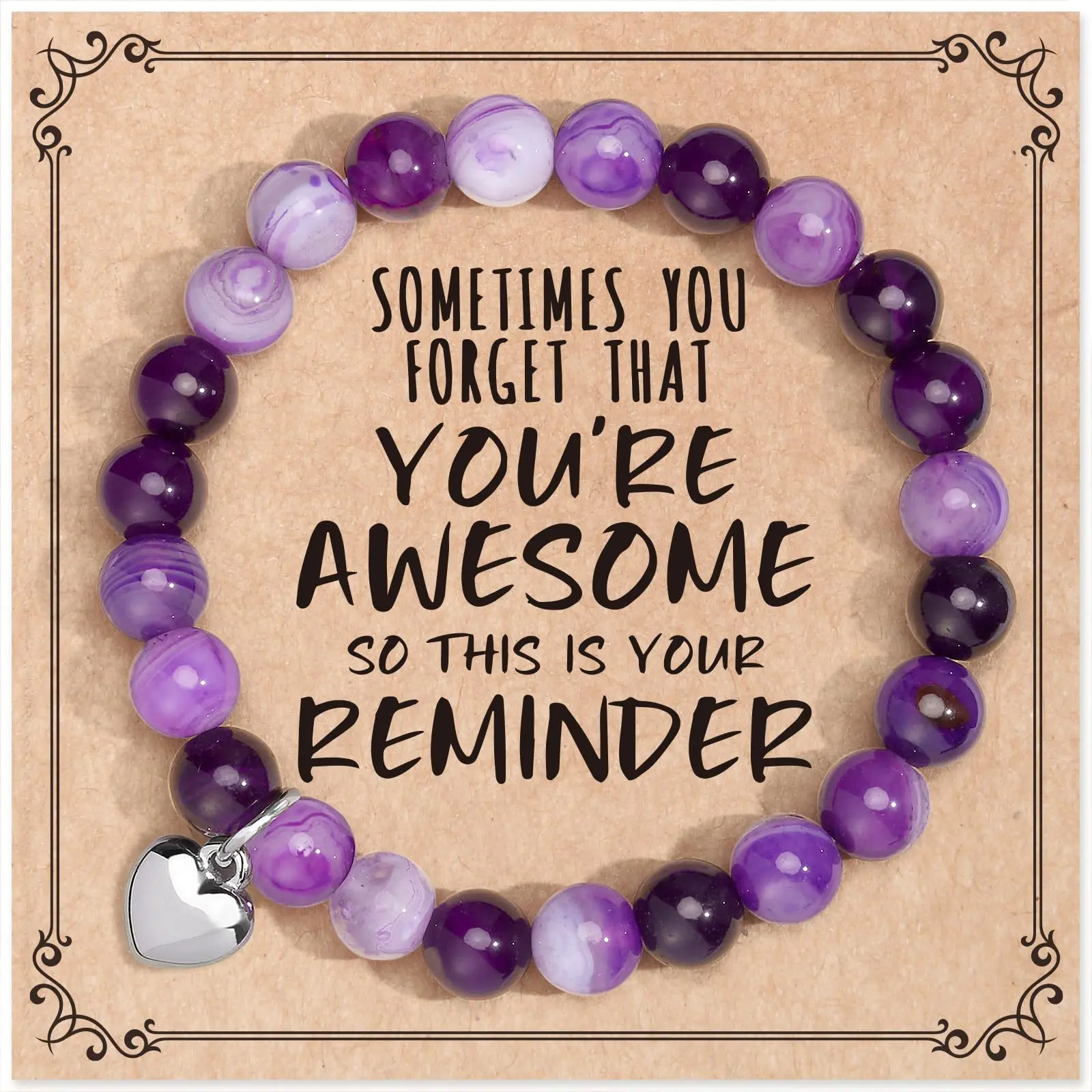 4pc Unisex Gift Set with Greeting Card - Simple Elegant Design - Includes Four Heart-Shaped Bead Bracelets with Natural Stones - Perfect for Any Occasion - Sometimes You Forget That You're Awesome So This Is Your Reminder