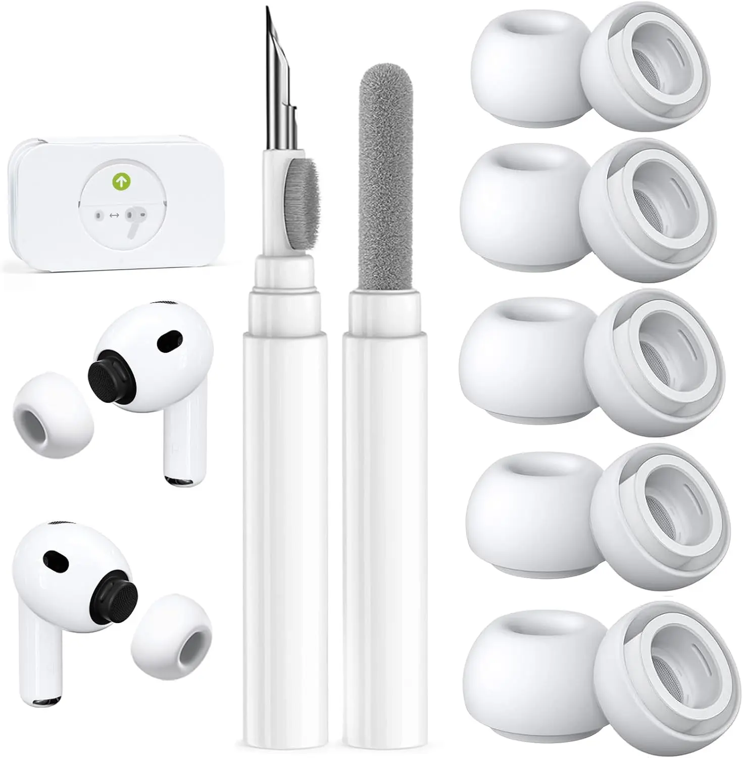 5 Pairs AirPods Pro 3 Replacement Ear Tips with Cleaning Kit, Soft Silicone Earbuds, Dust Guard, XXS-XL Sizes, White