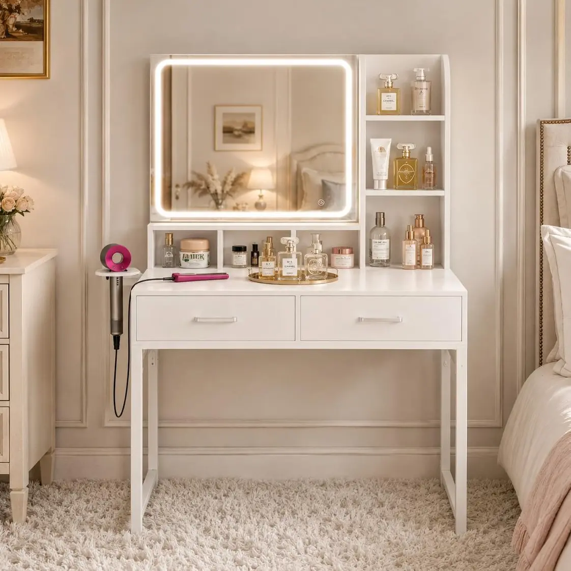 Vanity Desk Makeup Vanity Desk   Vanity   table  with Mirror LED   3-color  Light Makeup with Power Outlet 2 Storage Drawers OpenShelves   for Bedroom
