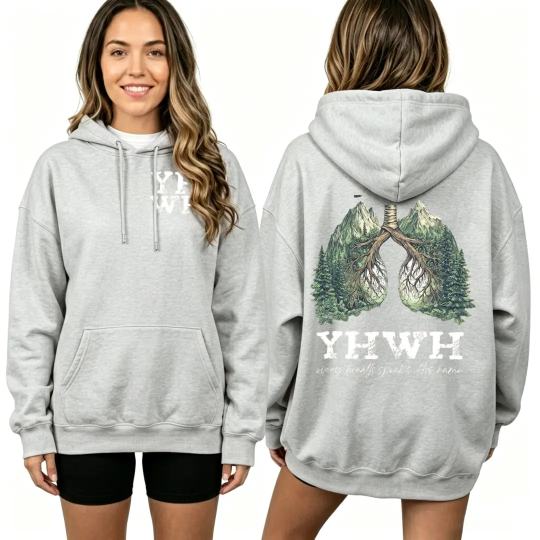 Women's Vintage Nature YHWH Graphic Hoodie - Polyester, Casual, Baggy Boxy Oversized Sweatshirt with "Every Breath Speaks His Name" Print, Forest Mountain Lung Art, Double-Sided Design for Joggers