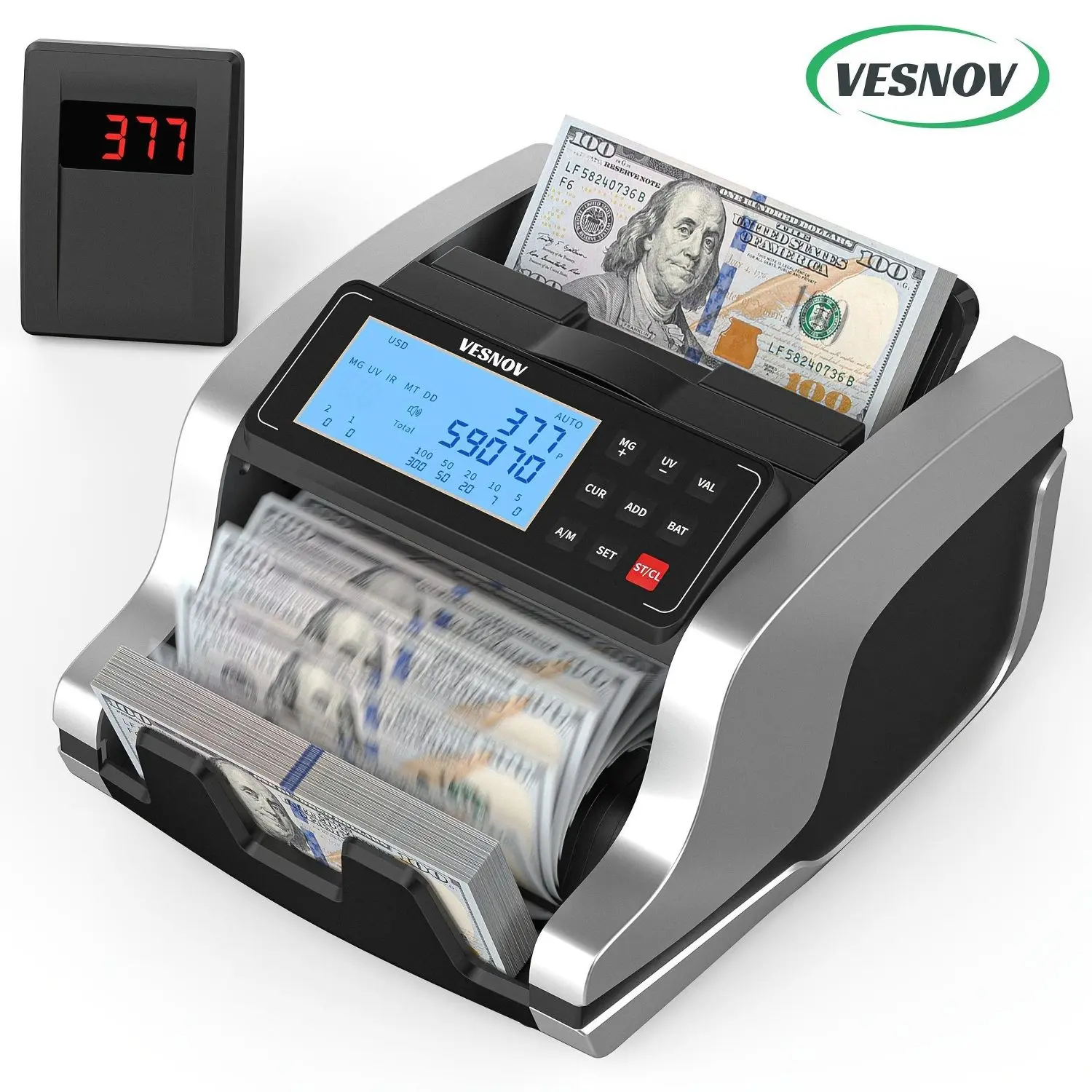 Money Counter Machine with Value Bill Count, UV/MG/IR/MT/DD Counterfeit Detection for Dollar Euro Cash, Bill Counter Machine with Count/Add/Batch/Auto Modes, Value Counting, for Business/ Retail/ Office, External LCD Display, Bill Counter