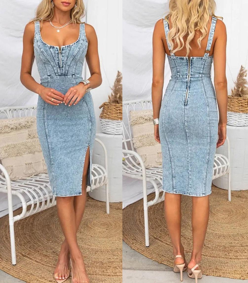 Cross-border Amazon Independent Station U-neck Sling Distressed Casual Style Denim Dress