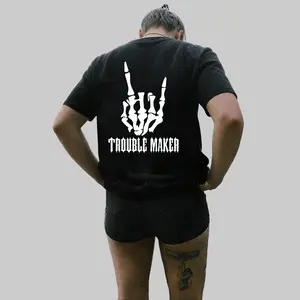 TROUBLE MAKER Skull Hand Print T-shirt, Aesthetic Tattoo-Themed Summer Clothing, Women's Fashion Streetwear, Nun Top, Vintage Y2K Pattern T-shirt, Mother's Day Gift