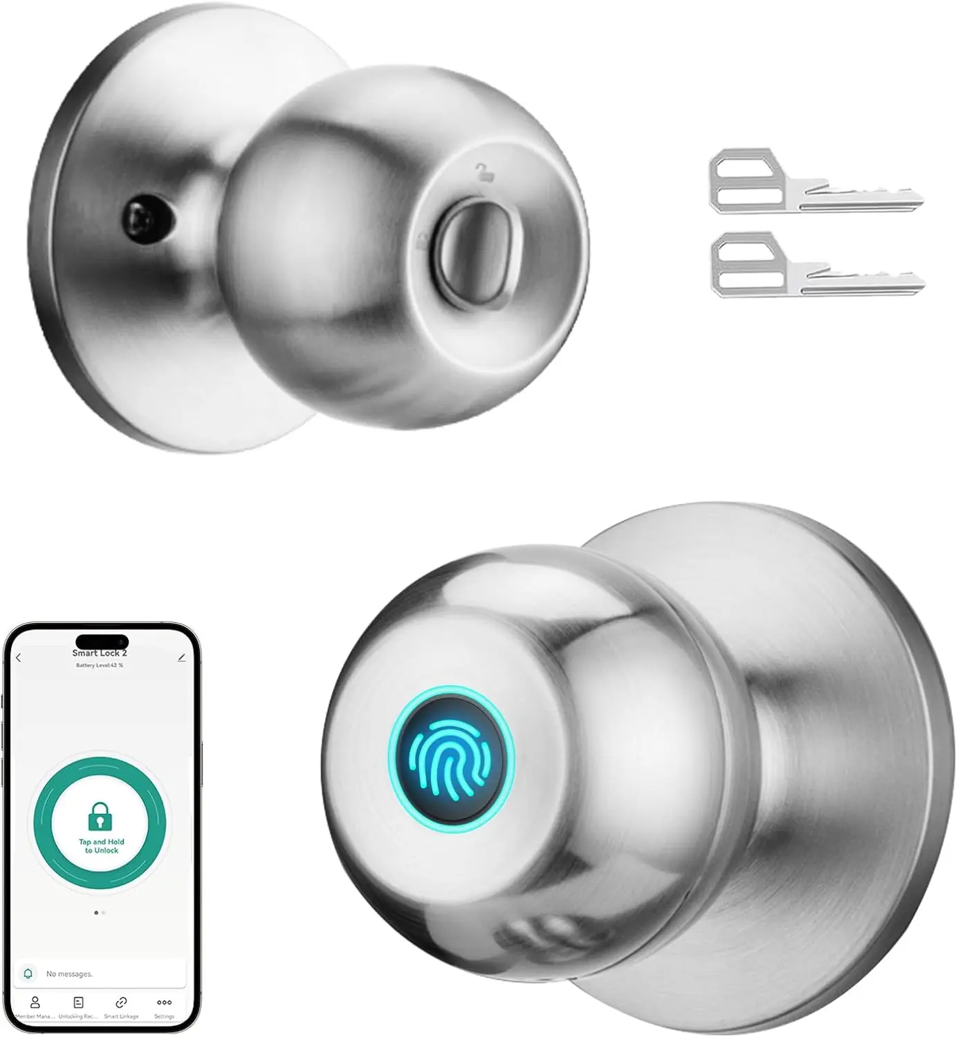 Fingerprint Door Lock,  Door Knob with Lock, Biometric Door Lock with App Control & Key, Keyless Door Locks for Bedrooms, Front Door, Home, Finger Print Door Knobs Satin Nickel, 1 Pack