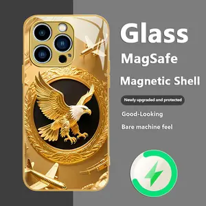 Luxury Gold Eagle Magnetic Glass Case for iPhone 17/16/15/14/13 Pro Max | Premium Shockproof MagSafe Armor Cover — 975