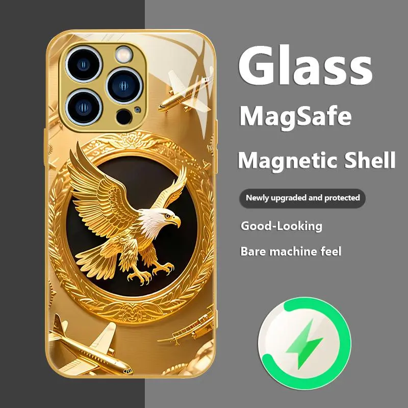 Luxury Gold Eagle Magnetic Glass Case for iPhone 17/16/15/14/13 Pro Max | Premium Shockproof MagSafe Armor Cover — 975