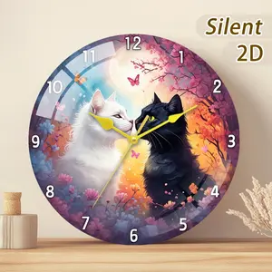 Large Glass/wood Wall Clock, Romantic Scene with Cats, Flowers, Butterflies, Battery Driven, Home Decor, Gift Choice, 20-35cm