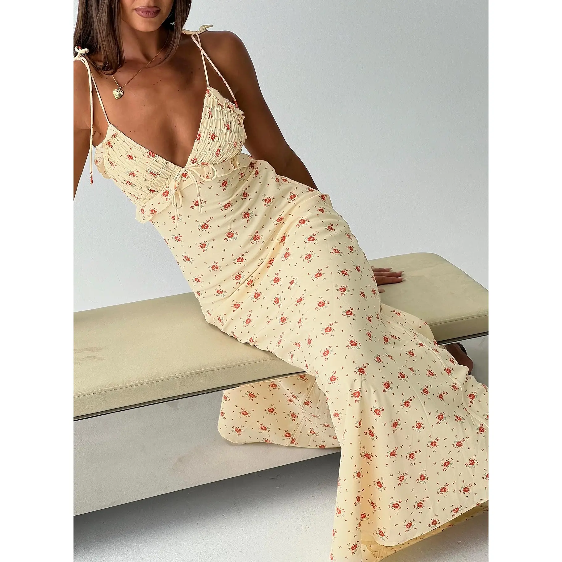 Morcar Frill V Neck Maxi Dress Yellow Floral