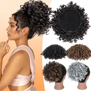 8in Messy Bun Short Curly Ponytail Extension Afro Spring Curly Hair Bun Elastic Drawstring Loose Hair Pieces For Women With Thinning Hair High Temperature Synthetic Fiber Hair Bun Extension Daily Use