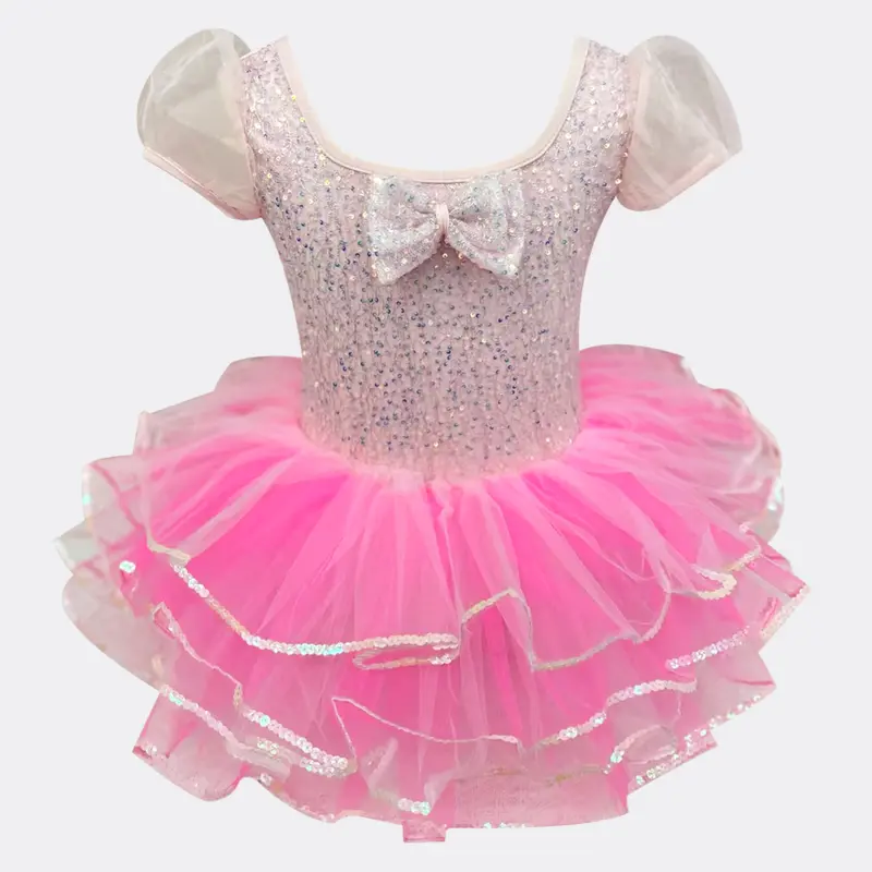 Little Girl Sparkly Rhinestone Tutu Dress - Sleeved Fantasy Dress with Bow Puff Sleeves, Multi-Layered Fluffy Tulle, Ethereal for Dancing, Little Girl Dress