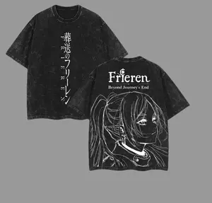 Frieren Beyond Journey's End Anime Double Printed Vintage Washed Tee Unisex Oversize Heavyweight Cotton T-shirt for Anime Fans and Lovers