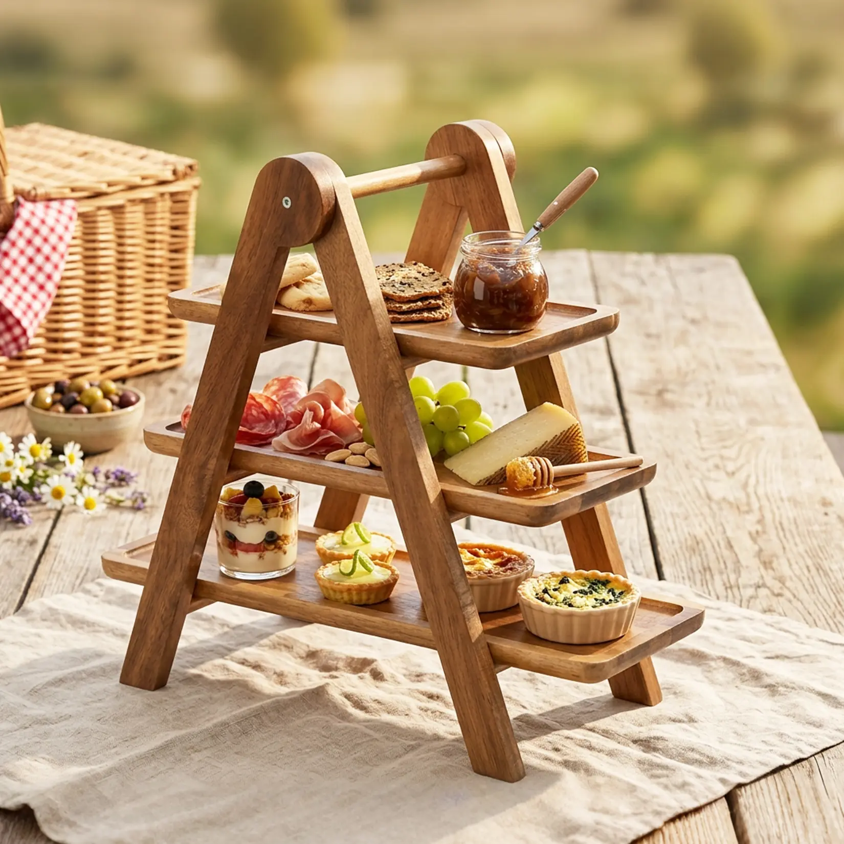 3-Tier Foldable Wooden Tray Stand, Space-Saving Multi-Layer Display Rack for Kitchen, Counter, or Table