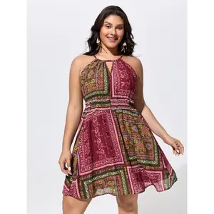 BloomChic Women's Plus Size Boho Dress, Sleeveless Knee-Length Casual Dress with an Ethnic Floral Print, Keyhole Lace-Up Neckline & Smocked Waist Pocket Boho Womenswear