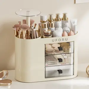 UFORU Makeup Organizer with Drawers for Vanity, 4 Slot Brush Holder with One Touch Open,Spacious Cosmetic Storage for Dresser Vanity and Bathroom Countertop, Beauty Holder for Lipstick Skincare makeuporganizer jewelry organizer WhiteBoxes