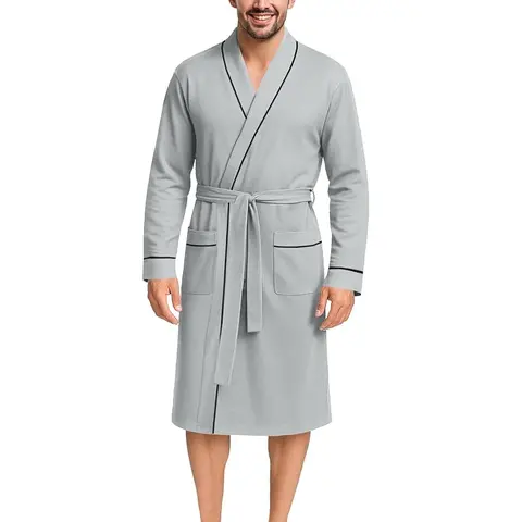 NY Threads Men's Cozy Style Long-Sleeve Calf-Length Heather Grey Cotton Blend Belted Bathrobe - Versatile Dressing Gown, V-Neck, Adjustable Belt, Front Pockets, Double Stitch, Lightweight Drape, All-Seasons Casual Loungewear Sleepwear