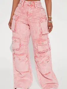 Lily High Rise Cargo Jeans - Pink