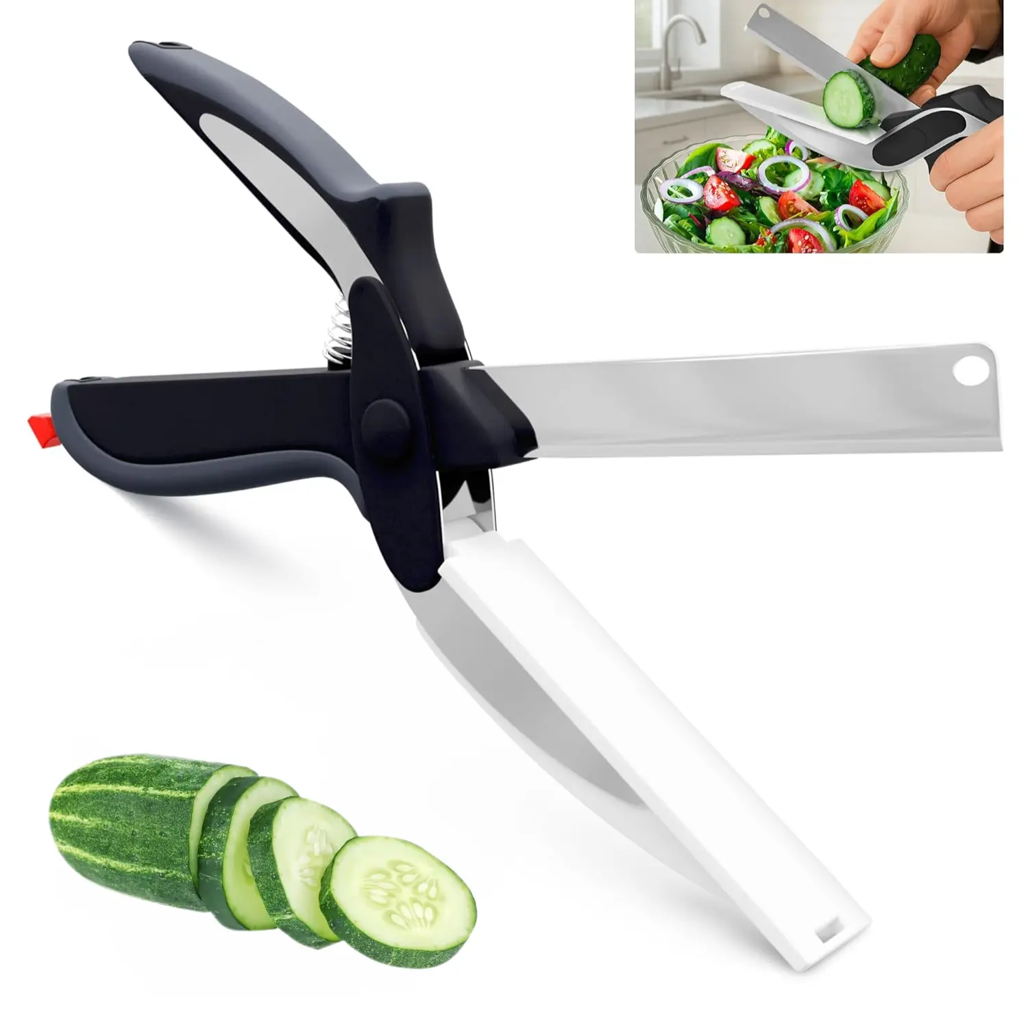 9.6-in Sturdy 2-in-1 Kitchen Scissors with Stainless Steel Blade, Plastic Cutting Board, Safety Lock - Multi-Use Food Cutter for Tomato, Meat