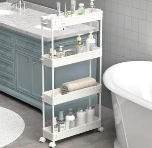 4 Tier Slim Rolling Utility Cart | Multi-Tier Bathroom Organizer Mobile Shelving Unit with Wheels | Slide Out Storage Cart for Kitchen Laundry Room Office Narrow Spaces White