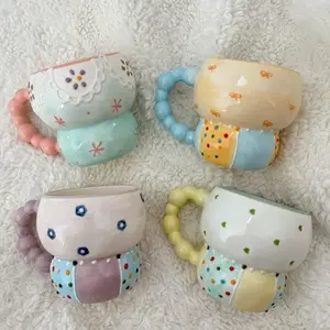Kawaii Ceramic Mug with Beaded Handle - Colorful Designs, Perfect for Drinking and Displaying - Drinkware party gift Stylish Aesthetic