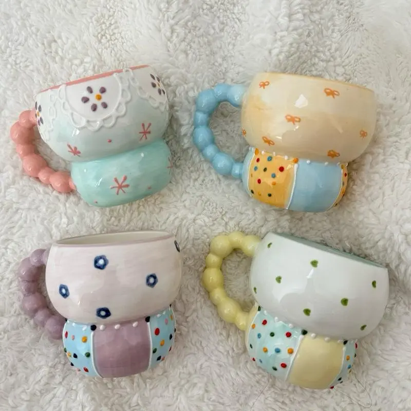 Kawaii Ceramic Mug with Beaded Handle - Colorful Designs, Perfect for Drinking and Displaying - Drinkware party gift Stylish Aesthetic