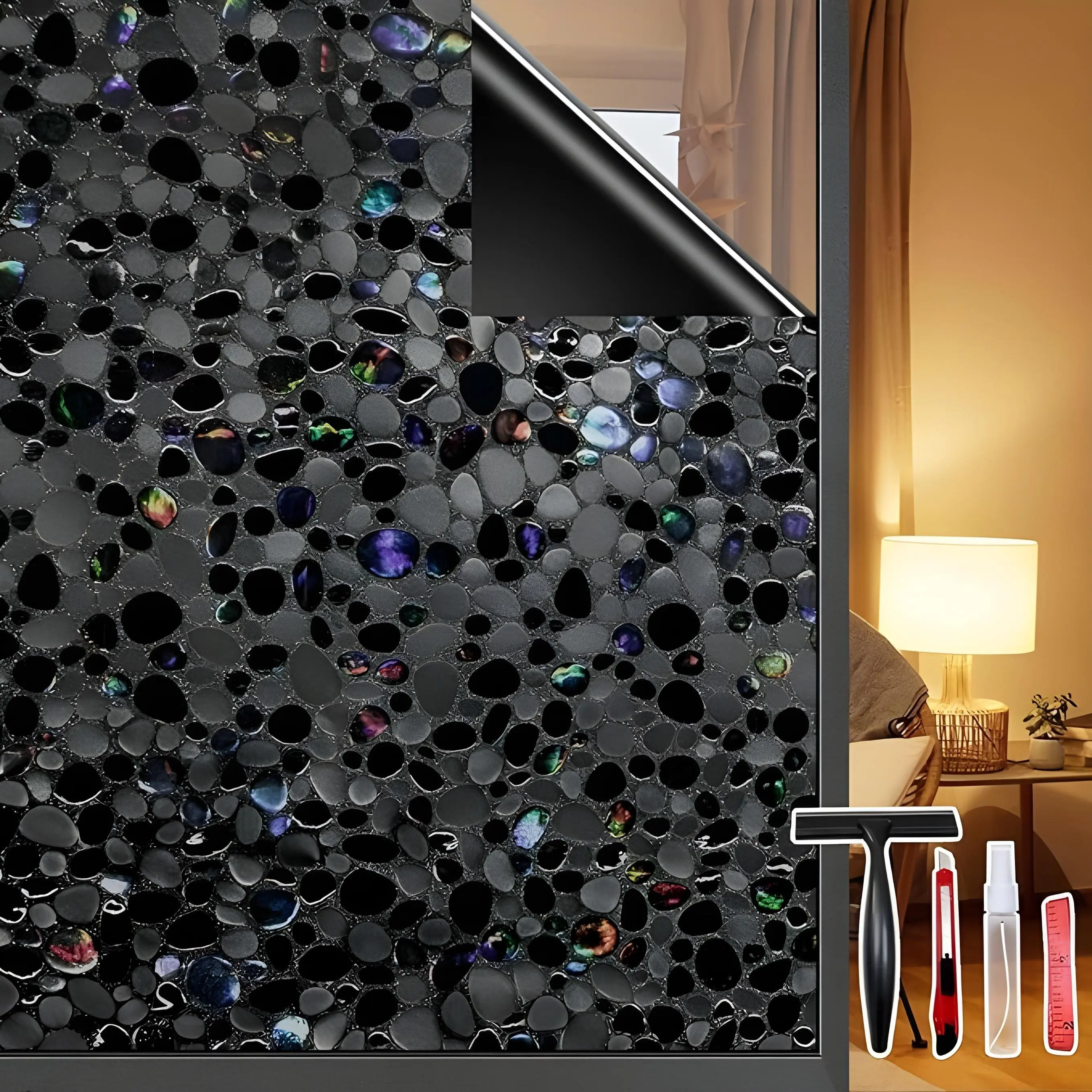 Total Blackout Window Film Privacy, 100% UV Blocking, Dark Window Tint for Home Decorative Window Film Static Cling Heat Control Window Clings for Bathroom, 3D Pebble Pattern, Black 17.5'' x 78.7''
