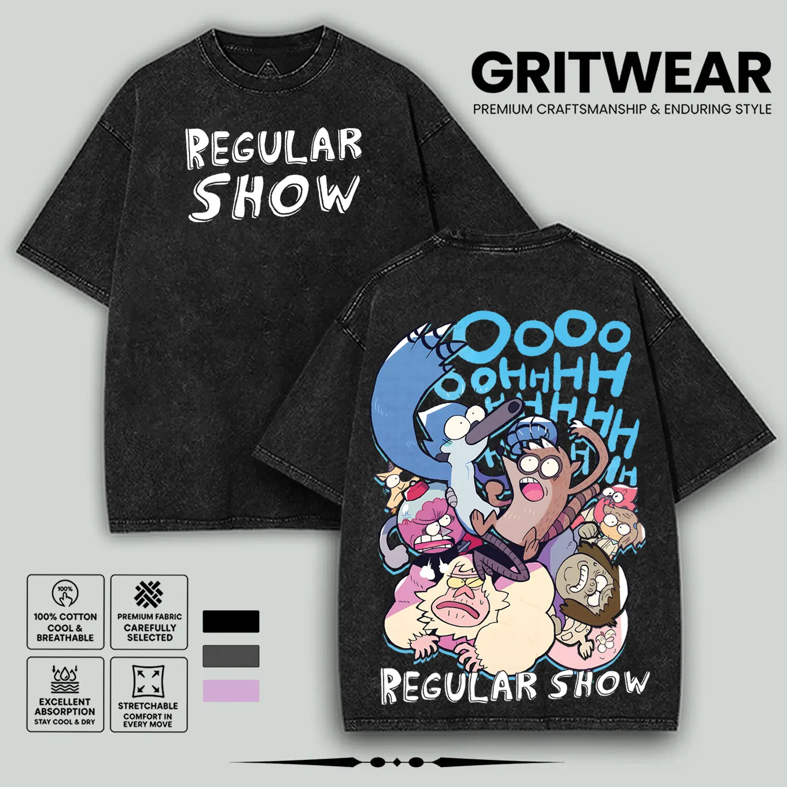 Regular Show Oversized Tee 260GSM Cotton Short Sleeve Crew Neck T-Shirt with Front & Back Trippy Cartoon Print for Men Casual Streetwear graphic tee