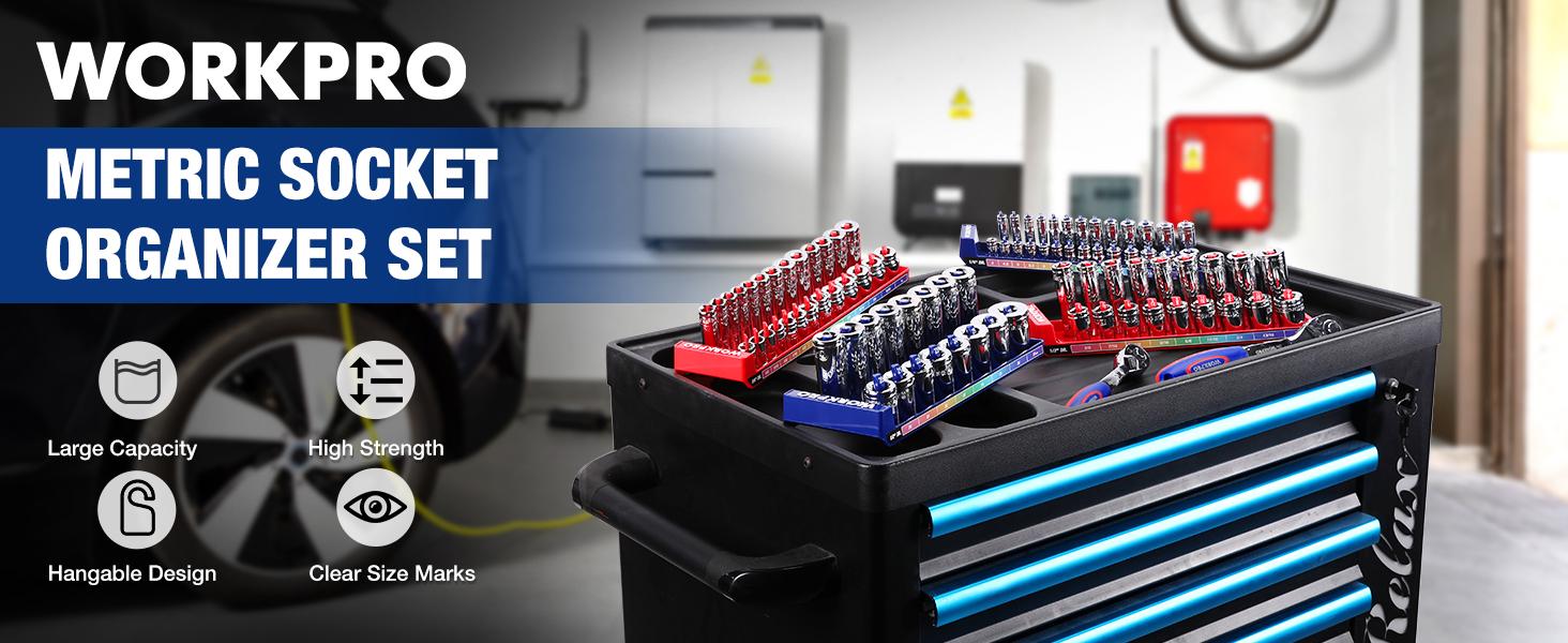#BacktoSchool WORKPRO Socket Organizer Set, 1/4" 3/8" 1/2" Drive Socket Holder | Fits Impact Sockets, Metric & SAE Socket Trays, Holds Sockets, Large Capacity, Clear Size Identification