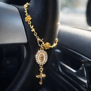 Car Steering Wheel Rosary Beads Religious Decor, Cross Pendant Car Accessories for Men and Women, Automotive Decoration Hanging Kit, Car Ornaments, Car Decor Gift