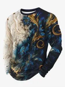 Men's floral print color-blocked crew neck long-sleeved T-shirt, a casual, classic and stylish streetwear piece for spring and autumn, breathable and suitable for outdoor exercise and everyday wear.