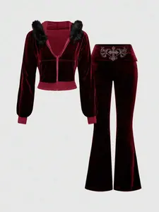 ROMWE Grunge Punk Spring Red Y2K Velvet Cropped Hoodie And Low-Waist Flare Pants 2Pcs Set For Women