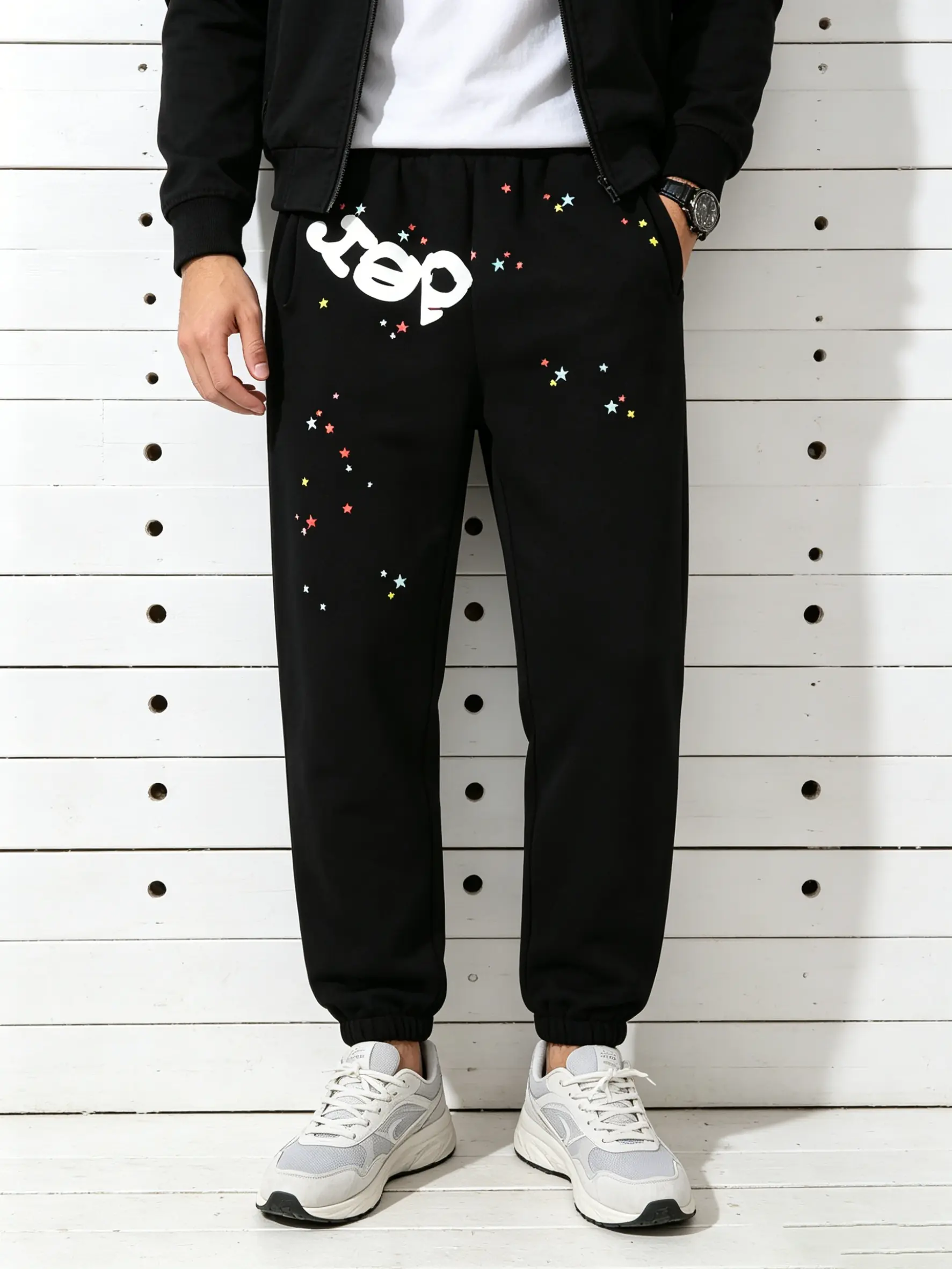 Y2k Men's sweatpants, Spider Web Pattern, Letter Print, Colorful Stars, Street Punk Style, Casual Fitted, Fall & Winter, Graphic casual pants