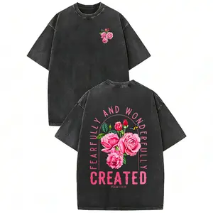 Women's Short-Sleeve Round Neck Floral Casual T-Shirt - Breathable Feminine Vintage Washed Top with Fearfully and Wonderfully Made Psalm 139:14 Rose Design summerwins,summerwins