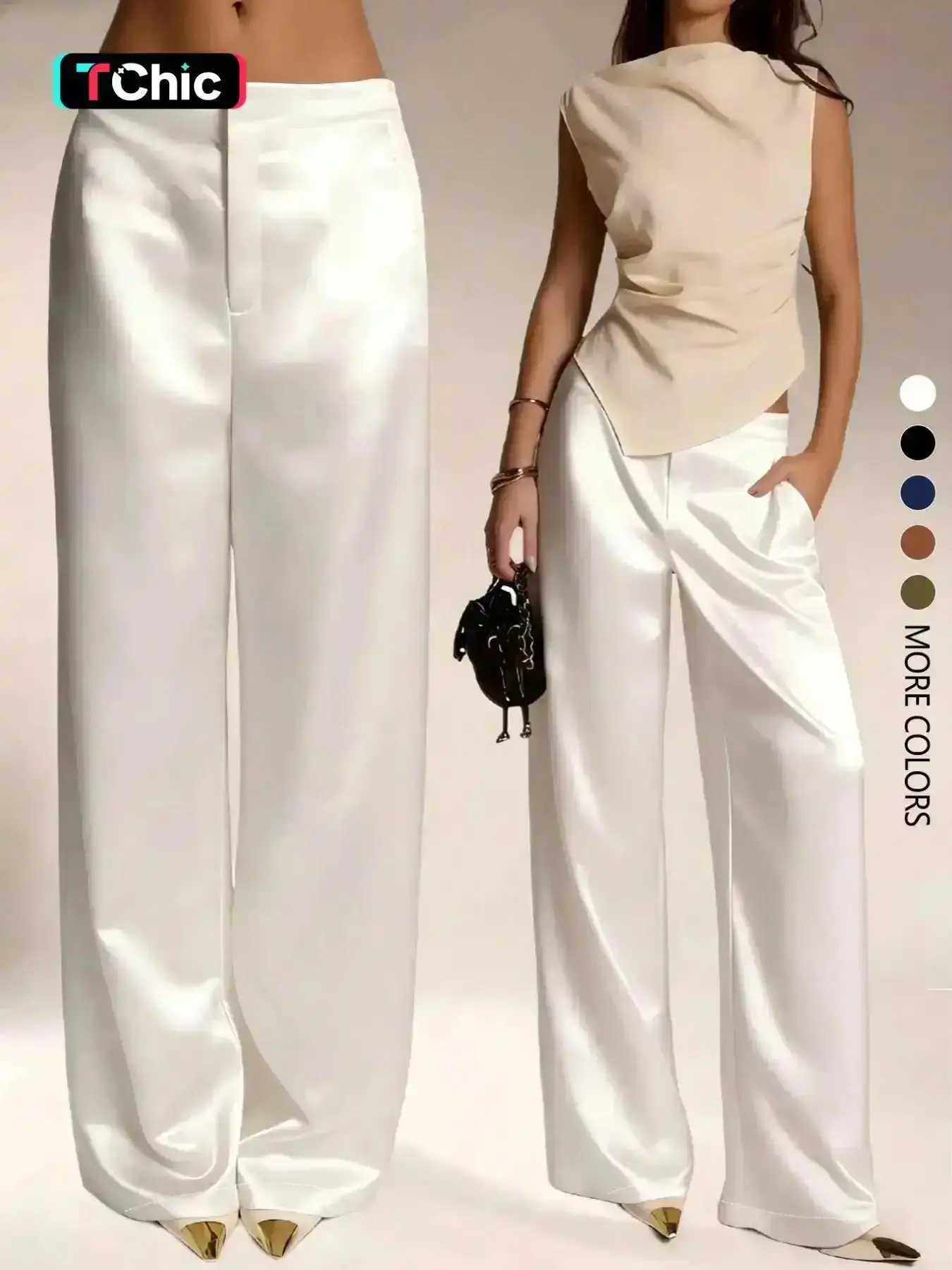 Women Satin Solid Color Pants Pockets Zipper Vacation Office Brunch Airport All Seasons Spring Womenswear 2026