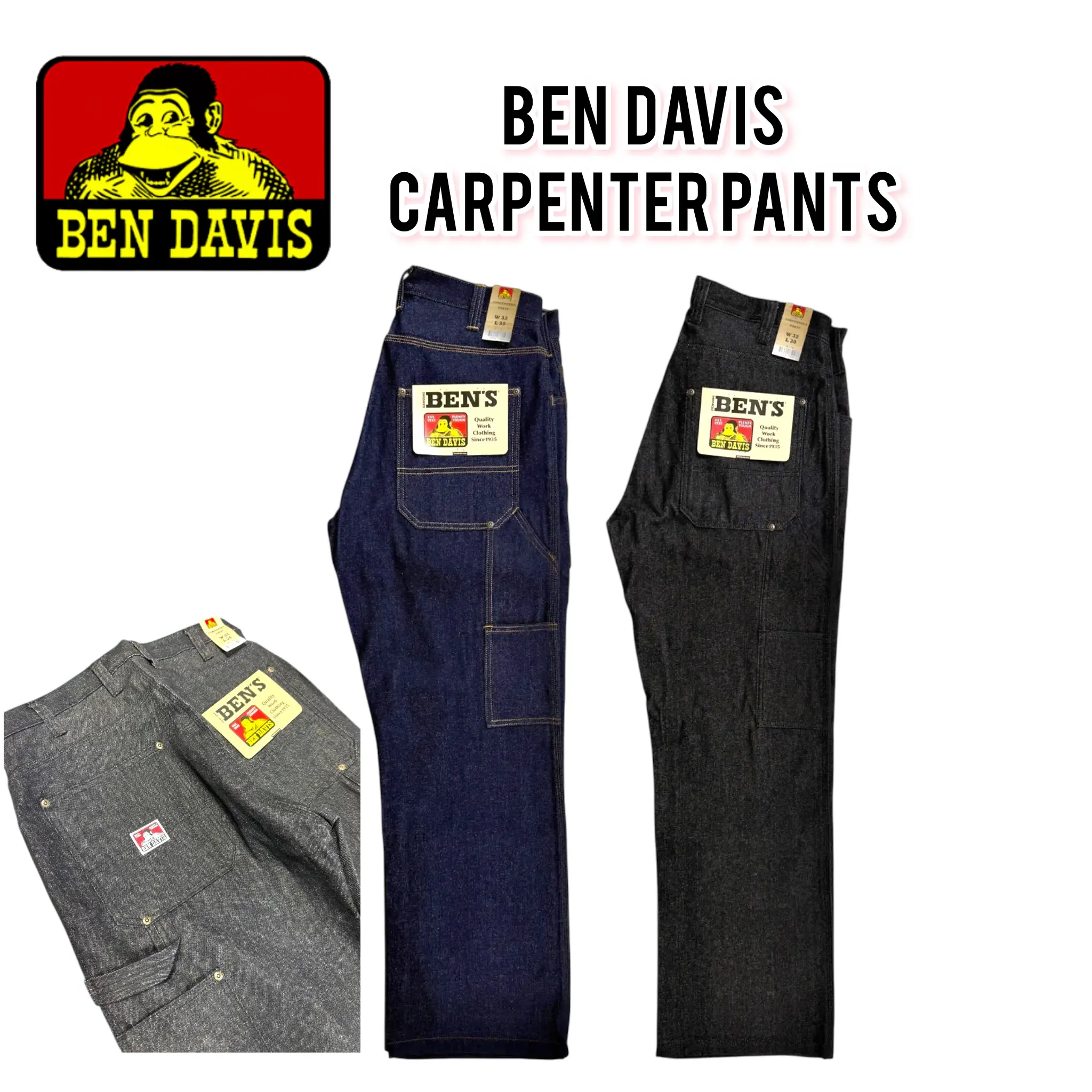Ben Davis Carpenter Pants - 14-oz Heavyweight Denim, 100% Cotton, Regular Fit, Brass Rivets, Utility Pockets, All Seasons, Below the Ankle - Jean