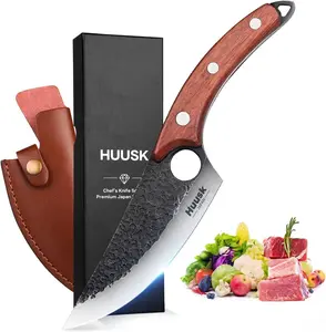 Huusk Viking Hand Forged Knife Set - Full Tang Japanese Blade, Wood Handle, Portable Sheath - Boning, Chef & Butcher Meat Cleaver - Kitchen Use, Ideal Gift for Men